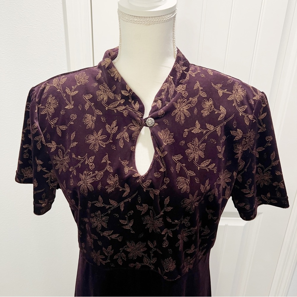 Caroline Wells Women's 16 Maxi Velour Dress Purple Gold Floral Holiday Party - Picture 3 of 11